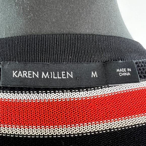 KAREN MILLEN Black Orange White Long Open Cardigan Stripe Side Slit Sz Medium M - Picture 11 of 12